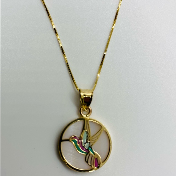 10K Gold Mother Pearl Hummingbird Box Necklace - Picture 7 of 11